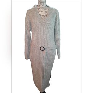 Tahari Gray Knit Sweater Dress with Belt Size Med